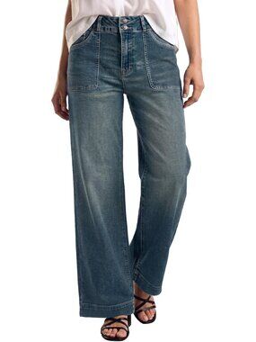Women's Green Elastic High Waisted Stretchy Front Big Pocket Straight Leg Jeans